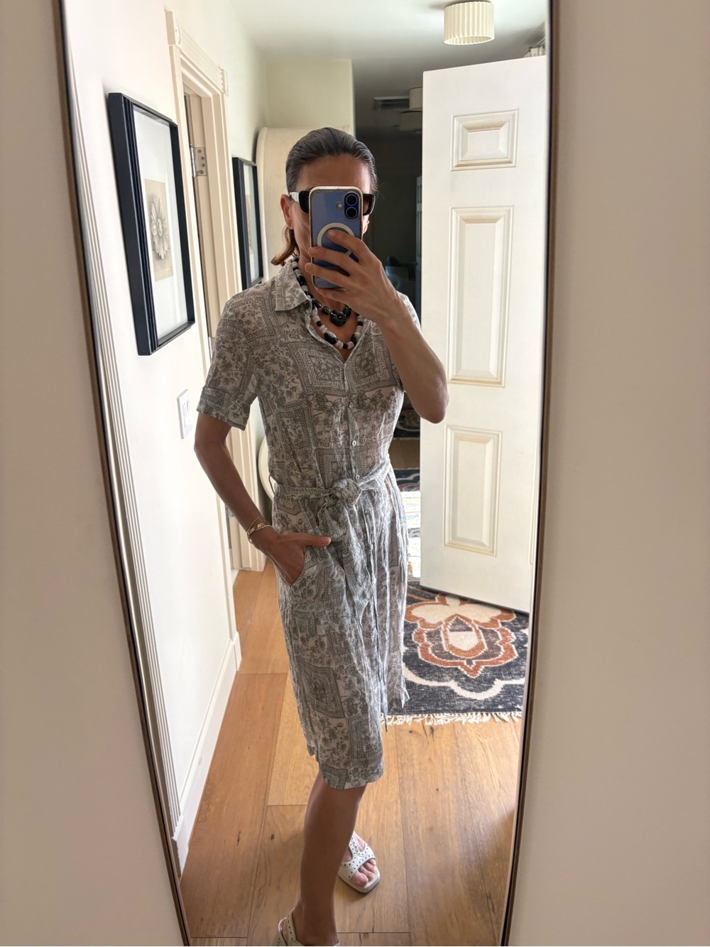 Chan Luu Floral Belted Patchwork Shirt Midi Dress Midi Gray/White Sz. M